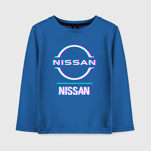 Детский лонгслив Значок Nissan в стиле glitch / Синий – фото 1