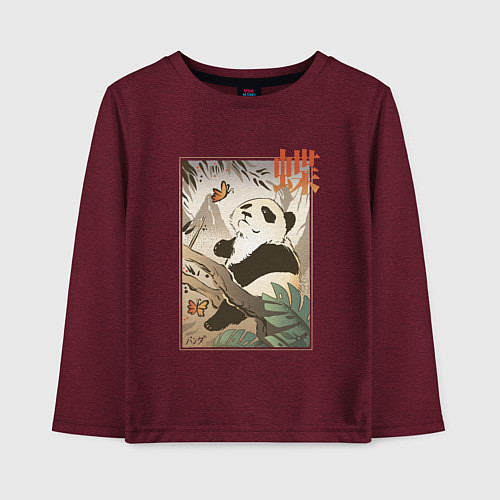 Детский лонгслив Панда и бабочка - Японская гравюра Укиё Э / Меланж-бордовый – фото 1