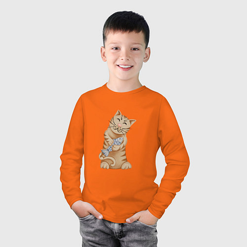 Детский лонгслив Кот с рыбой в лапках / Оранжевый – фото 3