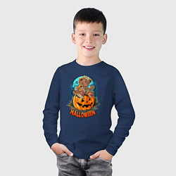 Лонгслив хлопковый детский Halloween - Мишка на тыкве, цвет: тёмно-синий — фото 2