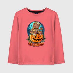 Лонгслив хлопковый детский Halloween - Мишка на тыкве, цвет: коралловый