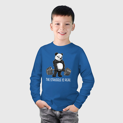 Детский лонгслив Это настоящая борьба - панда штангист / Синий – фото 3