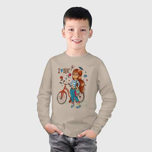 Детский лонгслив Девушка с велосипедом / Миндальный – фото 3