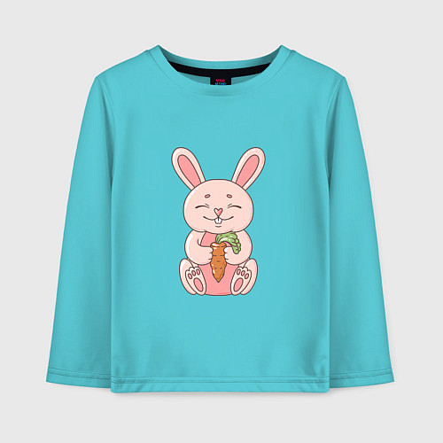 Детский лонгслив Милый, розовый зайчик с морковкой / Бирюзовый – фото 1