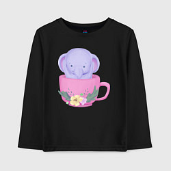 Лонгслив хлопковый детский Милый слонёнок внутри чашки с цветами, цвет: черный