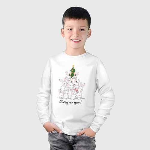 Детский лонгслив Кролики и новогодняя елка / Белый – фото 3