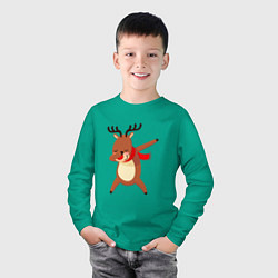 Лонгслив хлопковый детский Новогодний олень дэб, цвет: зеленый — фото 2