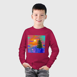 Лонгслив хлопковый детский Новогодний пейзаж с закатом, цвет: маджента — фото 2