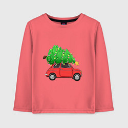 Лонгслив хлопковый детский Новогодняя машина с праздничной елкой, цвет: коралловый