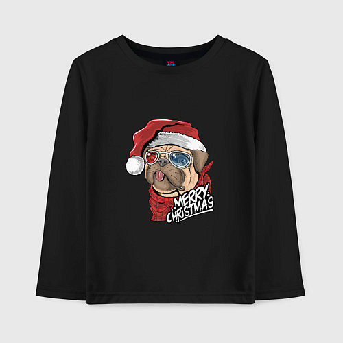 Детский лонгслив Pug merry christmas / Черный – фото 1