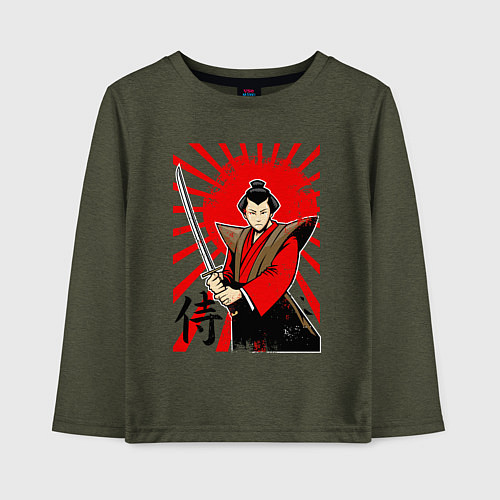 Детский лонгслив Самурай с мечом на фоне флага / Меланж-хаки – фото 1
