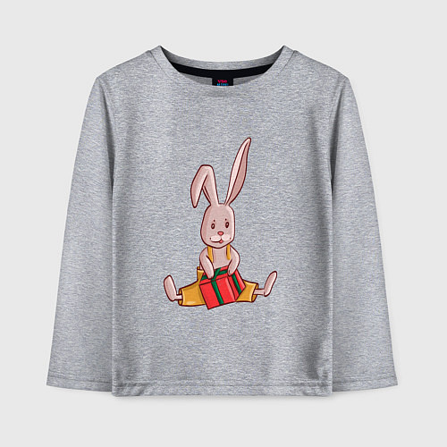 Детский лонгслив Заяц с подарком в желтых шортах / Меланж – фото 1