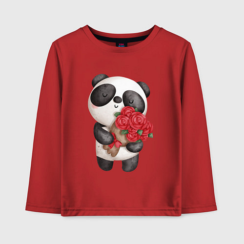 Детский лонгслив Панда с букетом цветов / Красный – фото 1