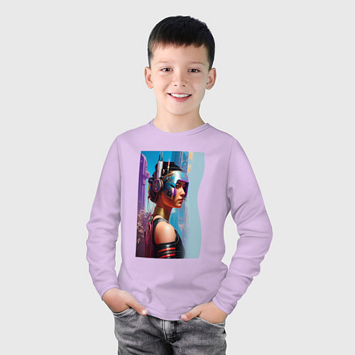 Детский лонгслив Girl in helmet - cyberpunk - neural network / Лаванда – фото 3