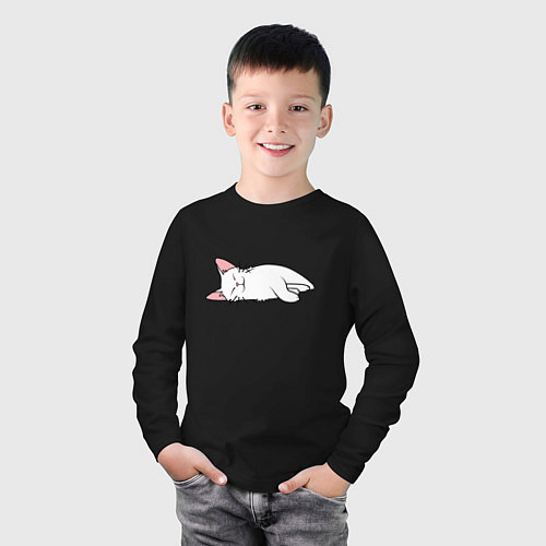 Детский лонгслив Lazy white cat / Черный – фото 3