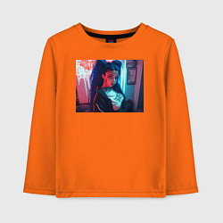 Лонгслив хлопковый детский Девушка с синими волосами: неоновый киберпанк, цвет: оранжевый