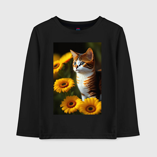 Детский лонгслив Red cat in flowers / Черный – фото 1