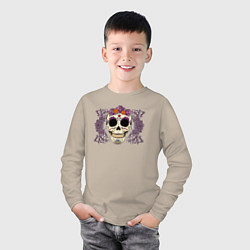Лонгслив хлопковый детский Мексиканский череп и фиолетовый розы, цвет: миндальный — фото 2