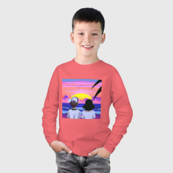 Лонгслив хлопковый детский Девочка и мальчик на закате, цвет: коралловый — фото 2