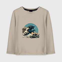 Лонгслив хлопковый детский Годзилла в Большой волне у Канагавы, цвет: миндальный