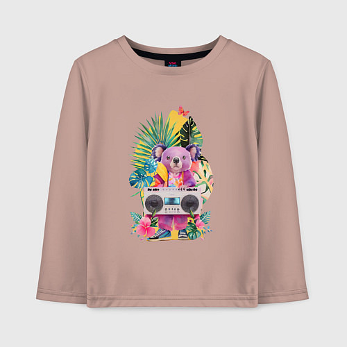 Детский лонгслив Розовая коала с бумбоксом и тропическими листьями / Пыльно-розовый – фото 1