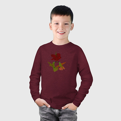 Детский лонгслив Два порхающих колибри у цветка / Меланж-бордовый – фото 3