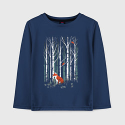 Лонгслив хлопковый детский Рыжая лиса в березовом лесу, цвет: тёмно-синий