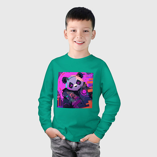 Детский лонгслив Аниме панда в лучах неона / Зеленый – фото 3