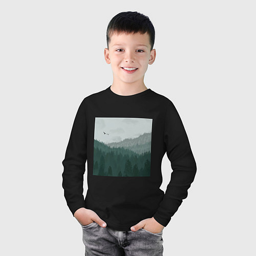 Детский лонгслив Туманные холмы и лес / Черный – фото 3