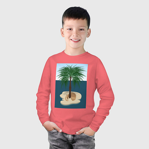Детский лонгслив Кот под пальмой на острове / Коралловый – фото 3