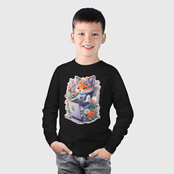 Лонгслив хлопковый детский Лиса геймер за компьютером, цвет: черный — фото 2
