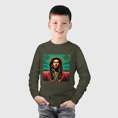 Детский лонгслив Digital Art Bob Marley in the field / Меланж-хаки – фото 3