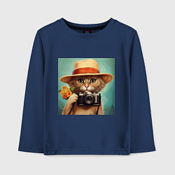 Лонгслив хлопковый детский Кот в соломенной шляпе с фотоаппаратом, цвет: тёмно-синий