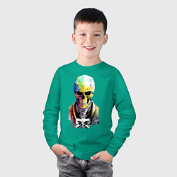 Лонгслив хлопковый детский Skull - cyberpunk - watercolor, цвет: зеленый — фото 2