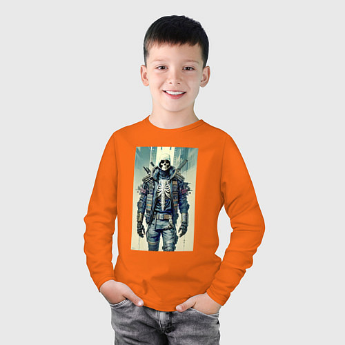 Детский лонгслив Skeleton - cyber ninja - neural network / Оранжевый – фото 3