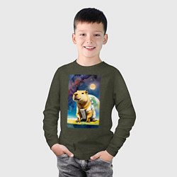 Лонгслив хлопковый детский Capybara brave astronaut - neural network, цвет: меланж-хаки — фото 2