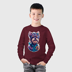 Лонгслив хлопковый детский Йоркширский терьер в очках и цветах, цвет: меланж-бордовый — фото 2