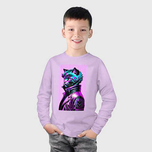 Детский лонгслив Прикольный фиолетовый котейка - нейросеть / Лаванда – фото 3