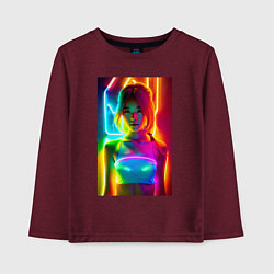 Лонгслив хлопковый детский Japanese girl - neon glow - neural network, цвет: меланж-бордовый