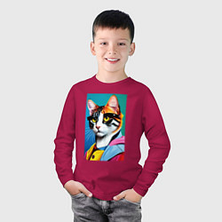 Лонгслив хлопковый детский Кот с бровями - поп-арт - нейросеть, цвет: маджента — фото 2