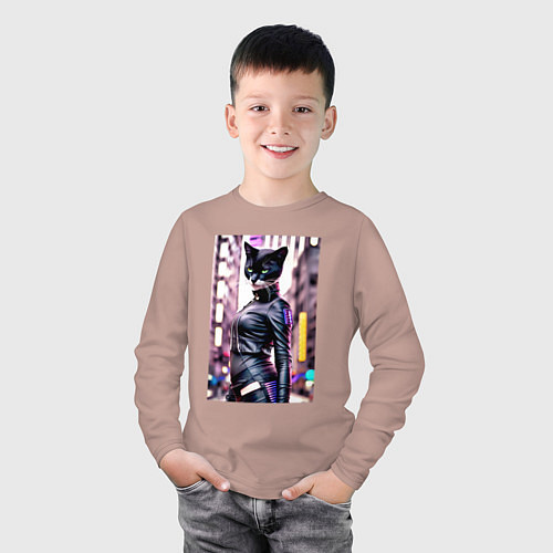 Детский лонгслив Cool black cat - neural network - fashionista / Пыльно-розовый – фото 3