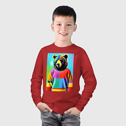 Лонгслив хлопковый детский Мишутка в пэчворк свитере - поп-арт ai, цвет: красный — фото 2