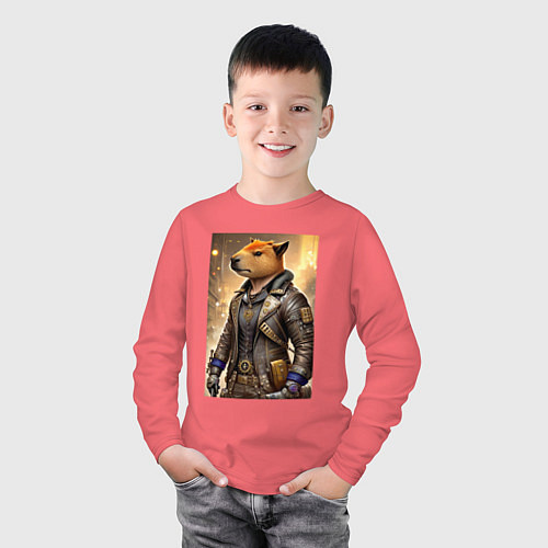 Детский лонгслив Cool capybara - steampunk - neural network / Коралловый – фото 3