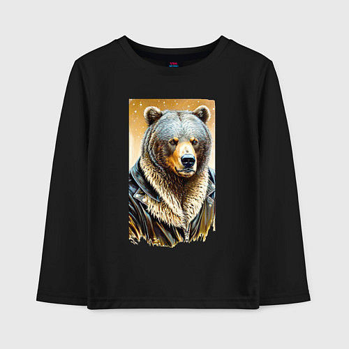 Детский лонгслив Могучий медведь в кожаной куртке / Черный – фото 1