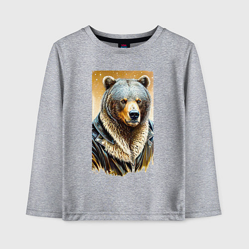 Детский лонгслив Могучий медведь в кожаной куртке / Меланж – фото 1