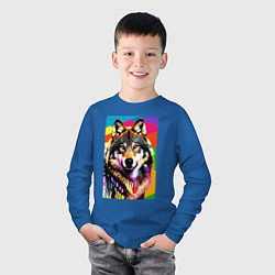 Лонгслив хлопковый детский Красочный волк - поп-арт - нейросеть, цвет: синий — фото 2