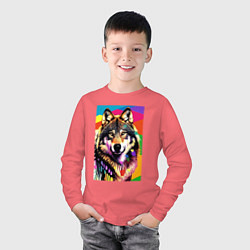 Лонгслив хлопковый детский Красочный волк - поп-арт - нейросеть, цвет: коралловый — фото 2