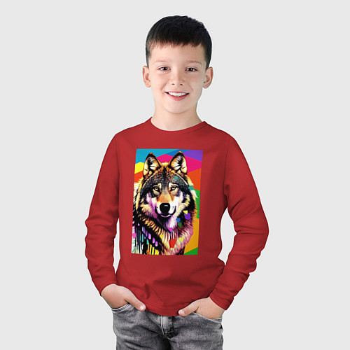 Детский лонгслив Красочный волк - поп-арт - нейросеть / Красный – фото 3