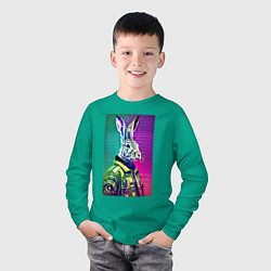 Лонгслив хлопковый детский Неоновый модный заяц - нейросеть, цвет: зеленый — фото 2