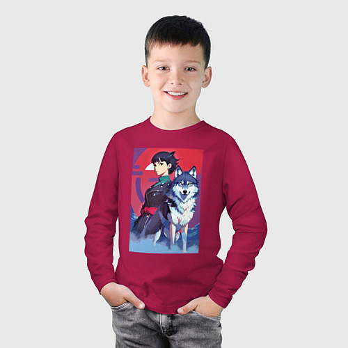 Детский лонгслив Девочка со своим другом волком - аниме / Маджента – фото 3